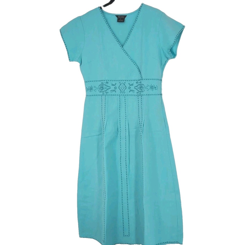 Multiples Aqua Turquiose Embroidered Crossstitch Cotton Linen Dress Sz 8